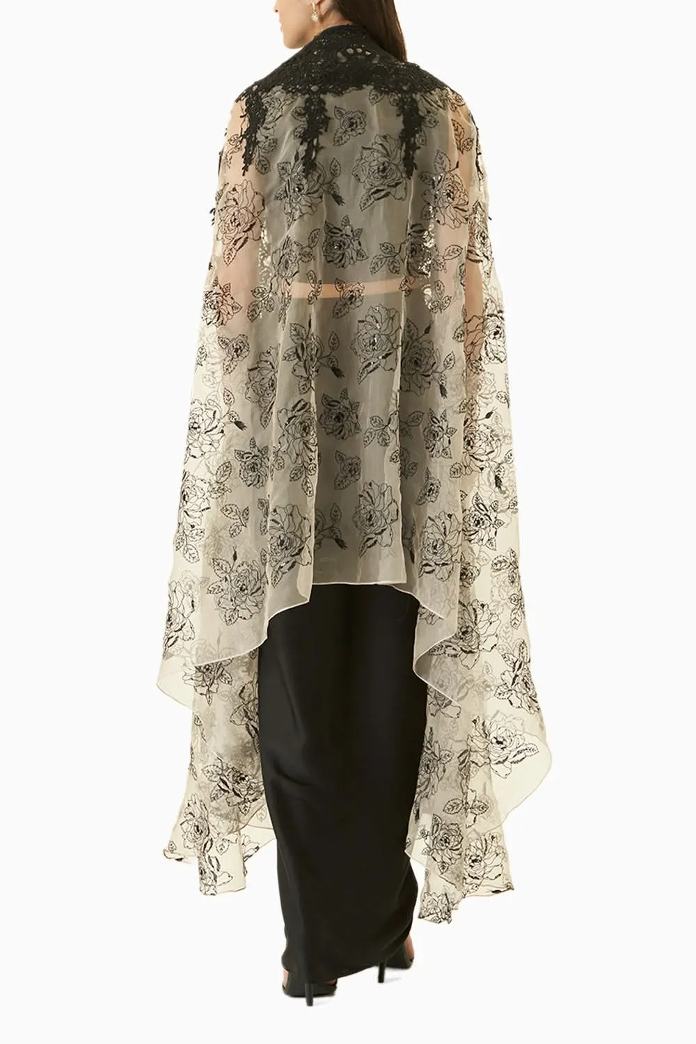Black and Grey Embroidered Organza Cape Set