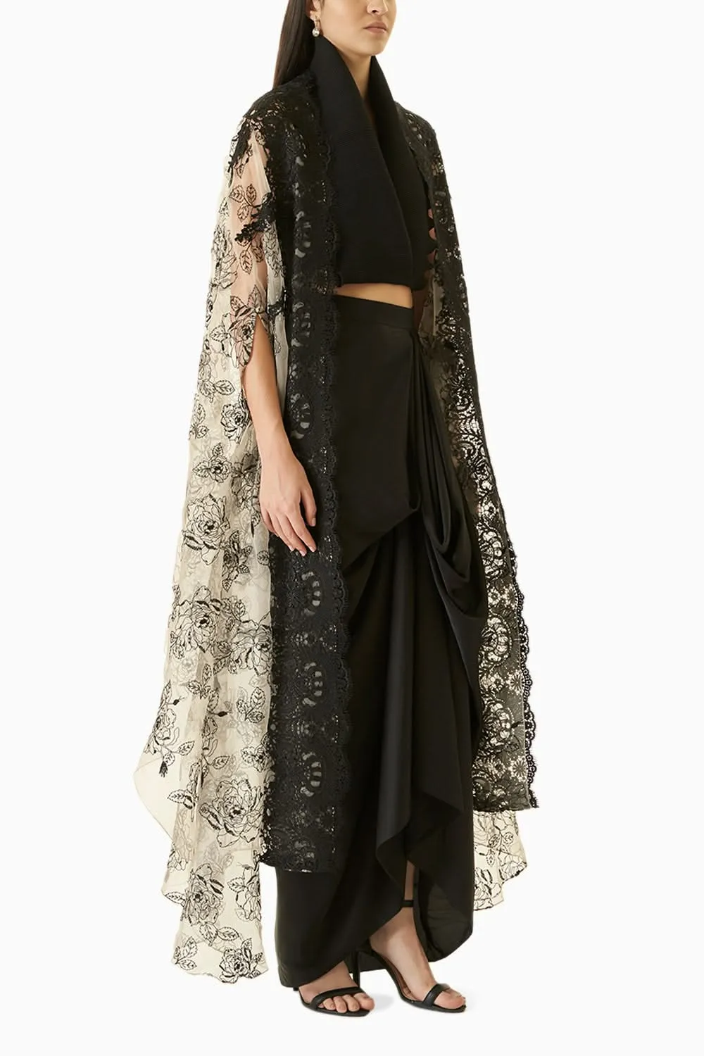Black and Grey Embroidered Organza Cape Set