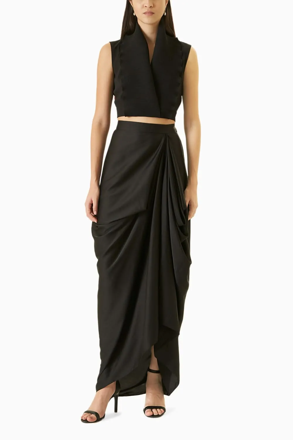 Black and Grey Embroidered Organza Cape Set
