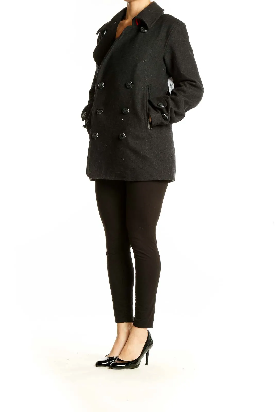 Black Wool-Blend Double-Breasted Peacoat