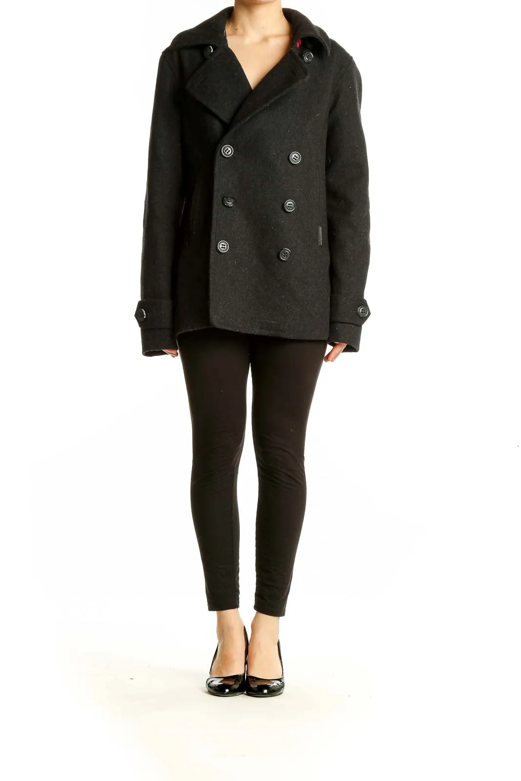 Black Wool-Blend Double-Breasted Peacoat