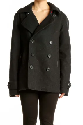 Black Wool-Blend Double-Breasted Peacoat