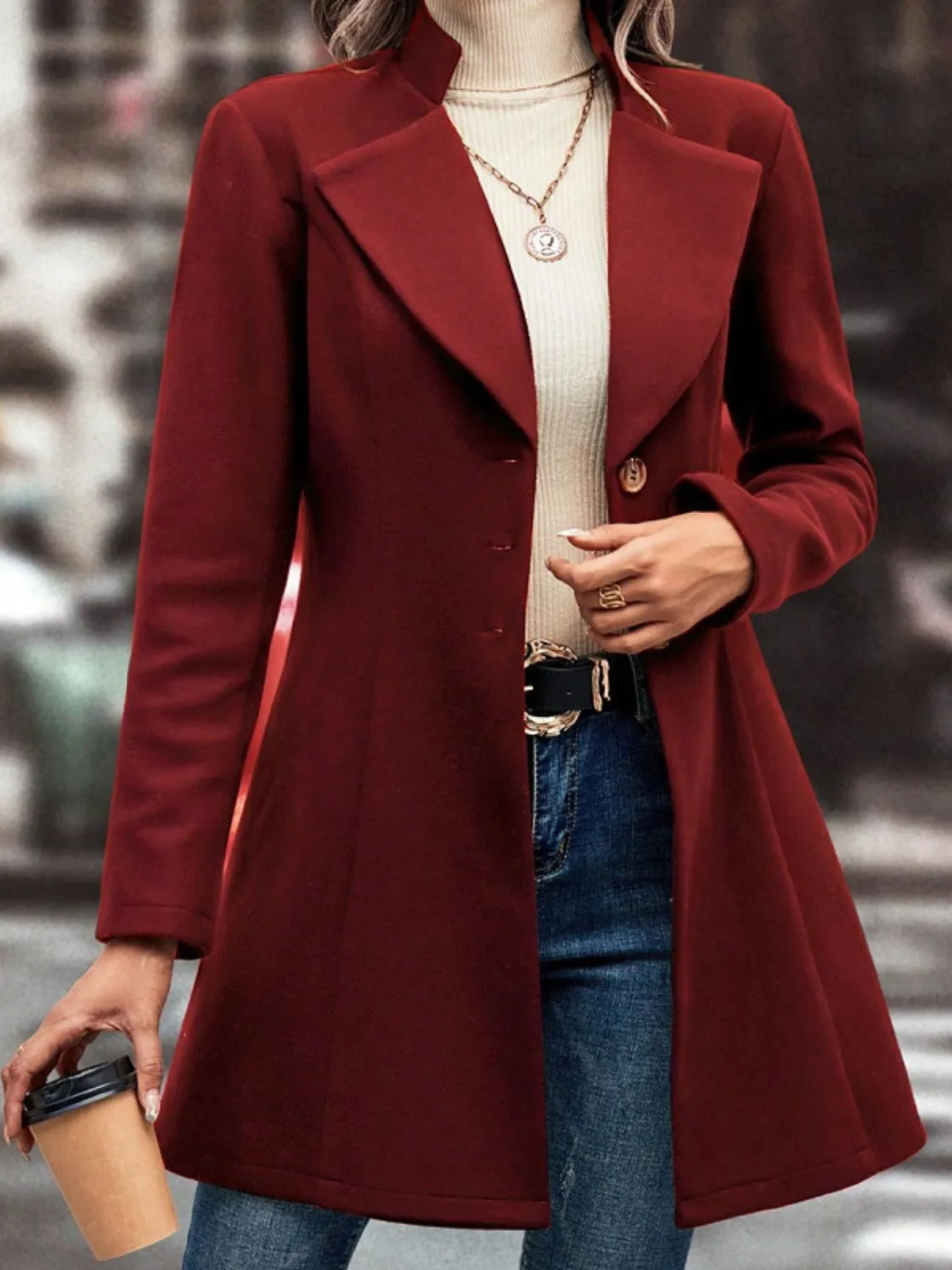 Button-Up Long Sleeve Coat with Collared Neck
