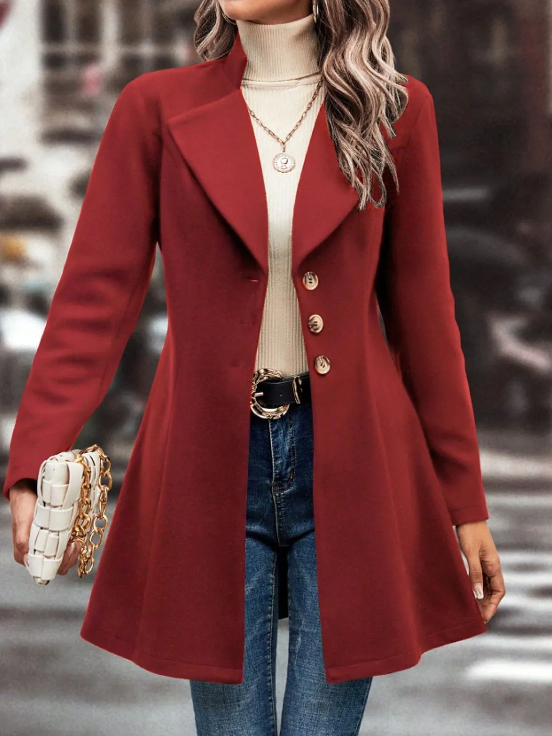 Button-Up Long Sleeve Coat with Collared Neck