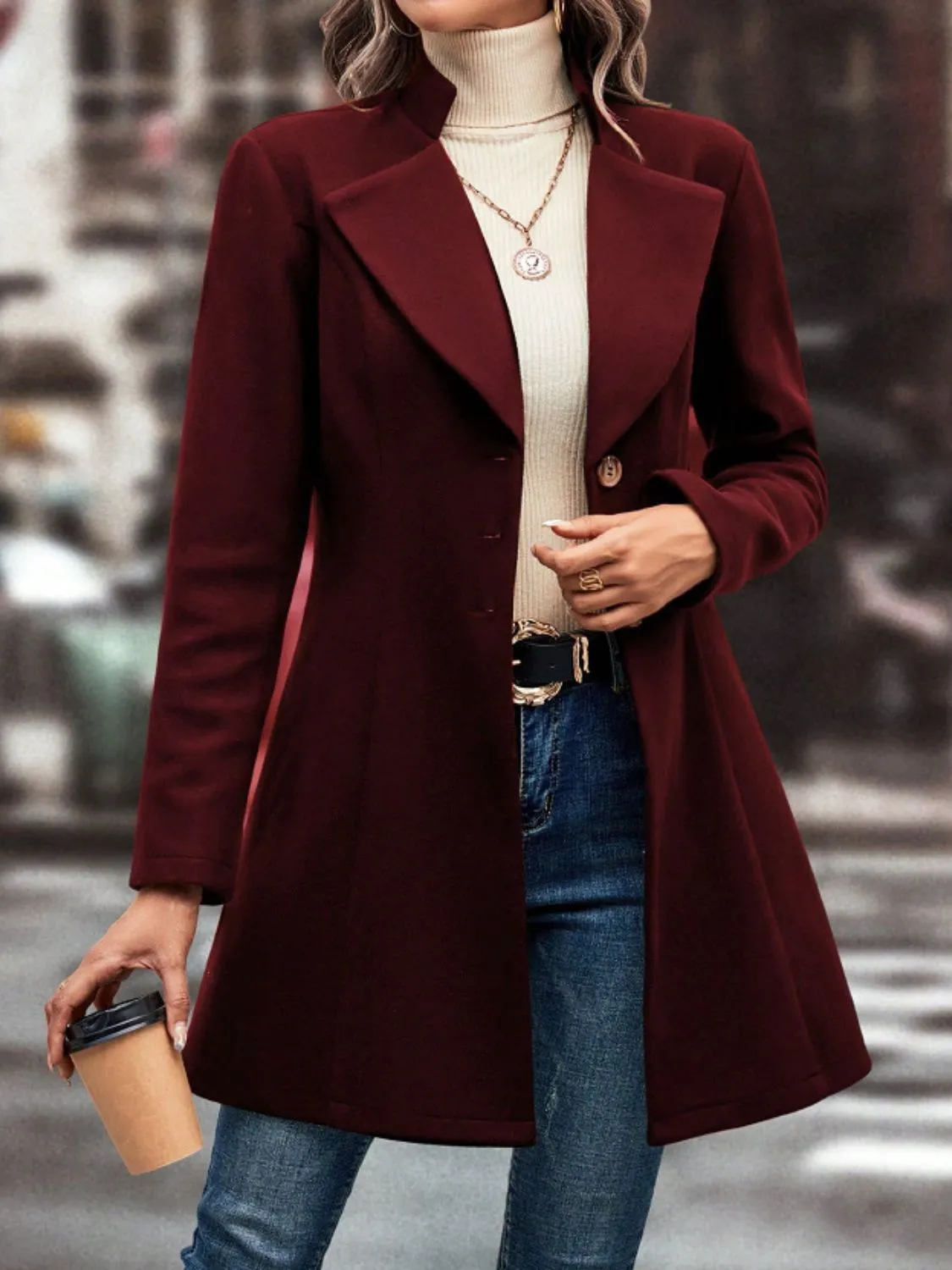Button-Up Long Sleeve Coat with Collared Neck