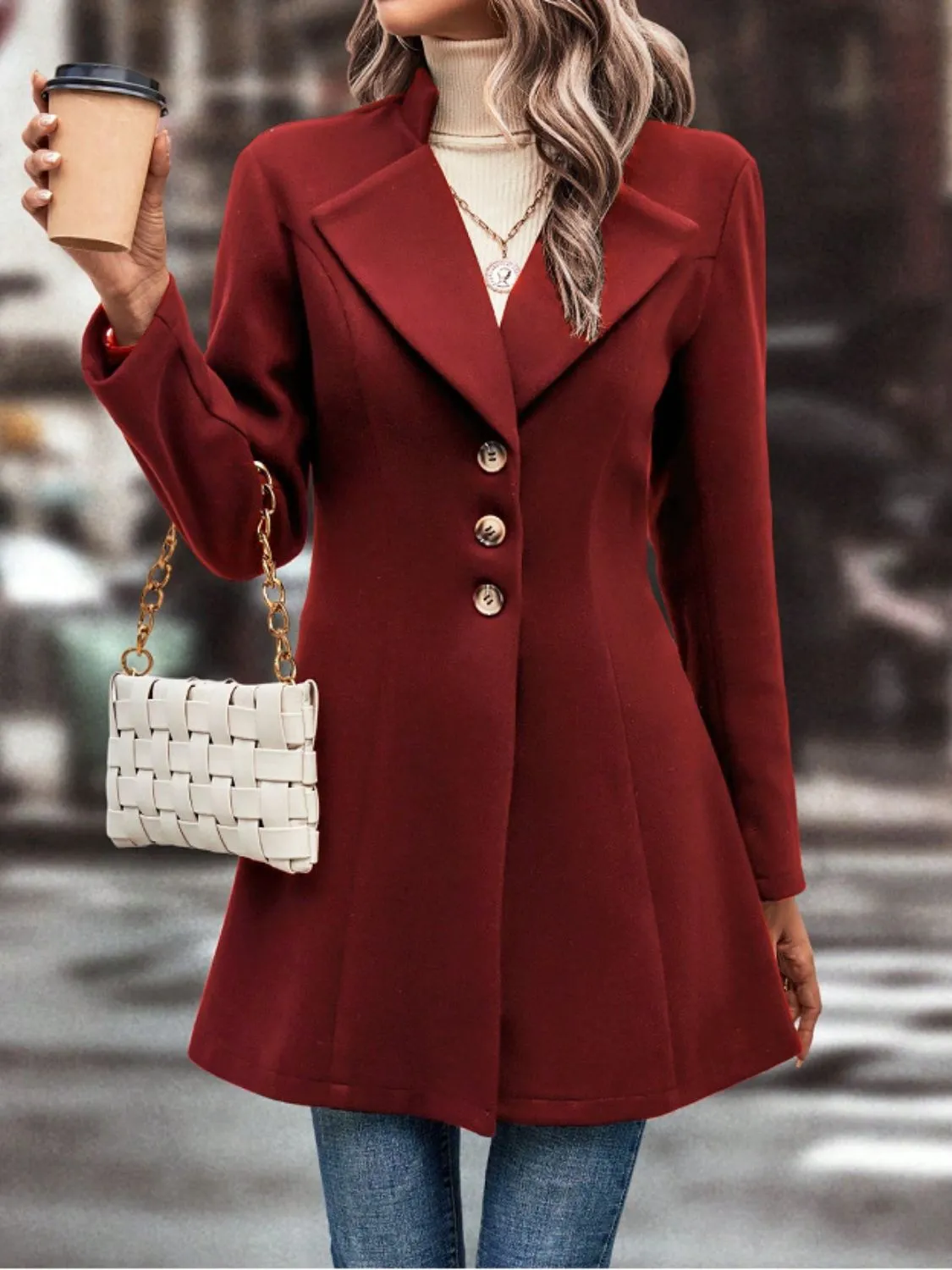 Button-Up Long Sleeve Coat with Collared Neck