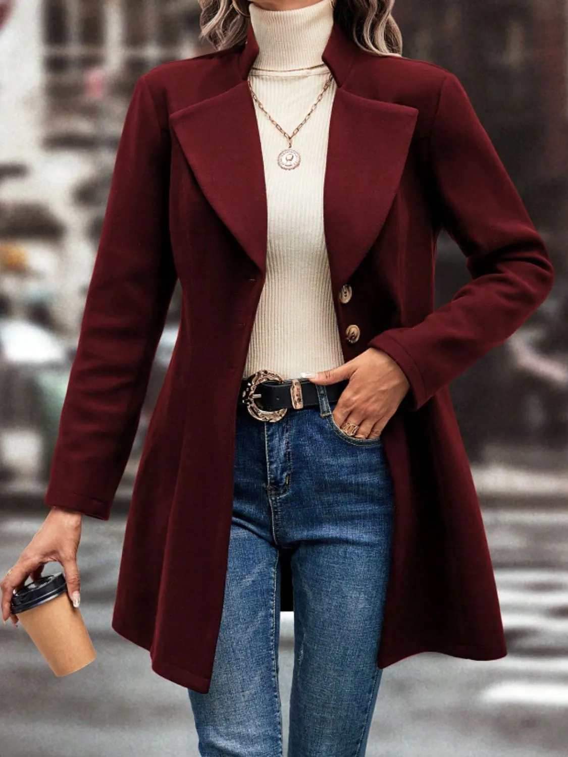 Button-Up Long Sleeve Coat with Collared Neck