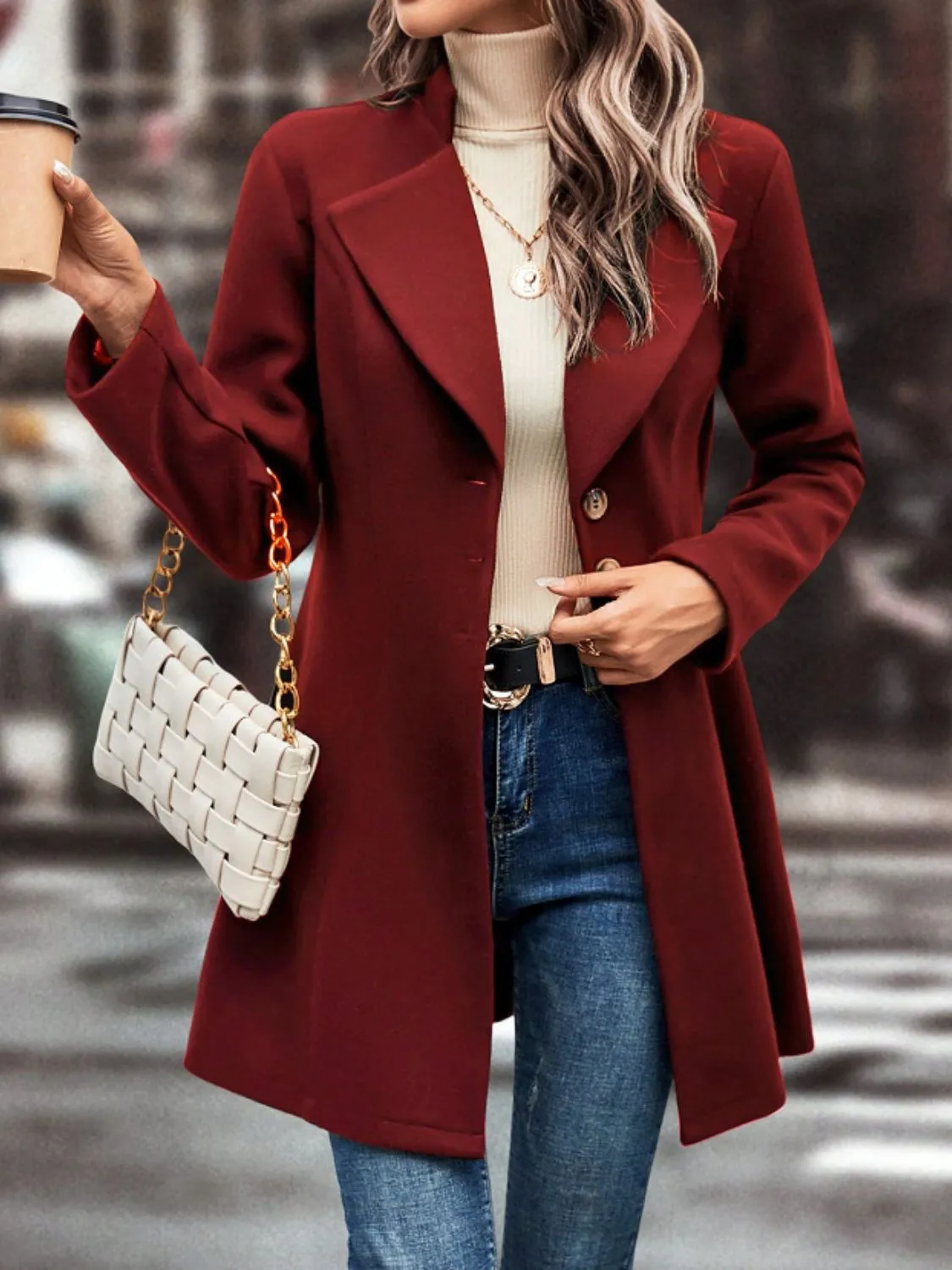 Button-Up Long Sleeve Coat with Collared Neck