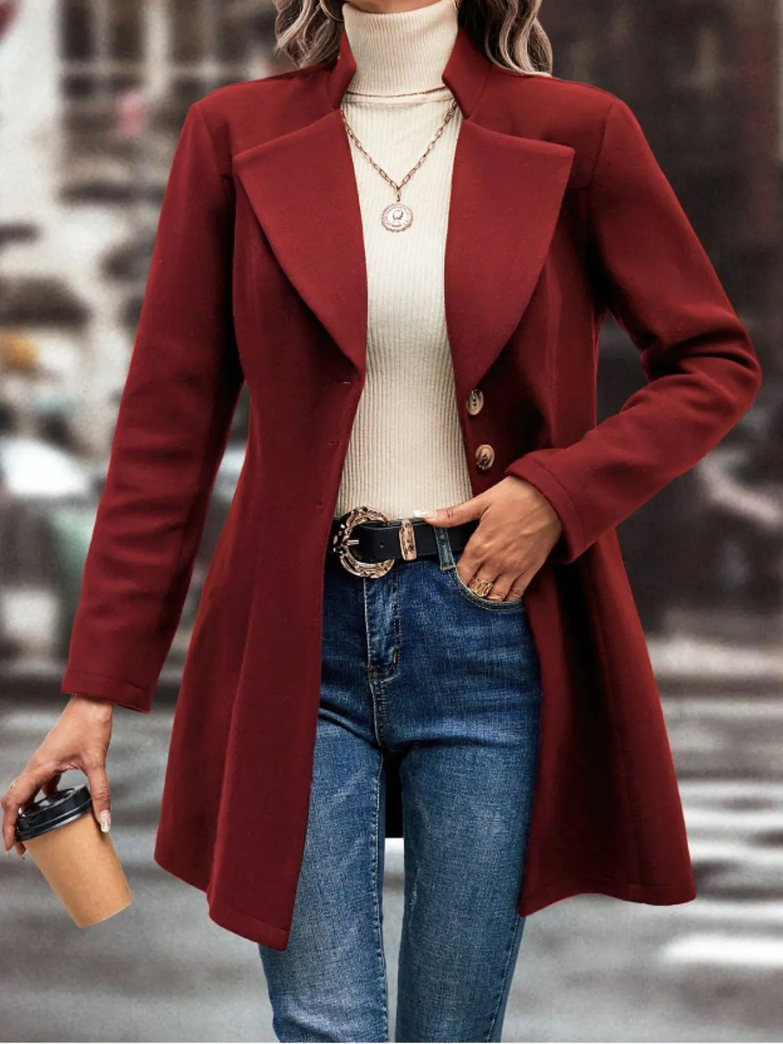 Button-Up Long Sleeve Coat with Collared Neck