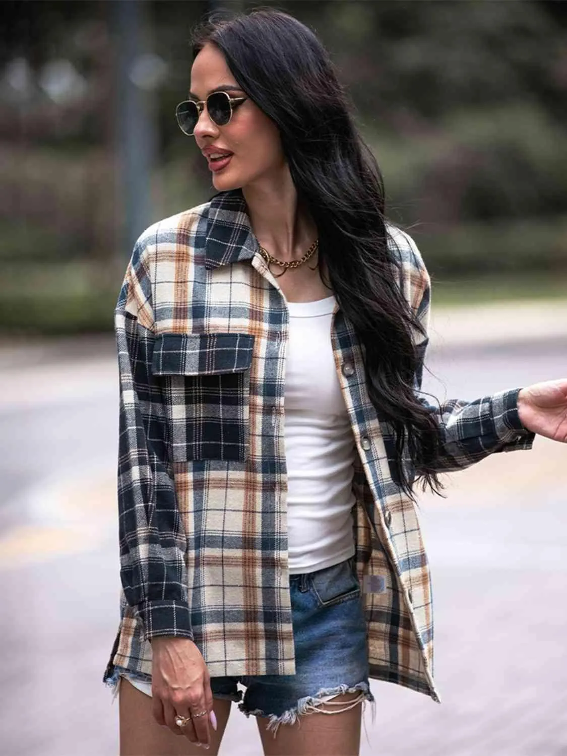 Carefree And Warm Button Front Collared Plaid Shacket