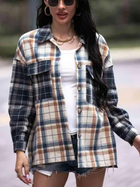 Carefree And Warm Button Front Collared Plaid Shacket