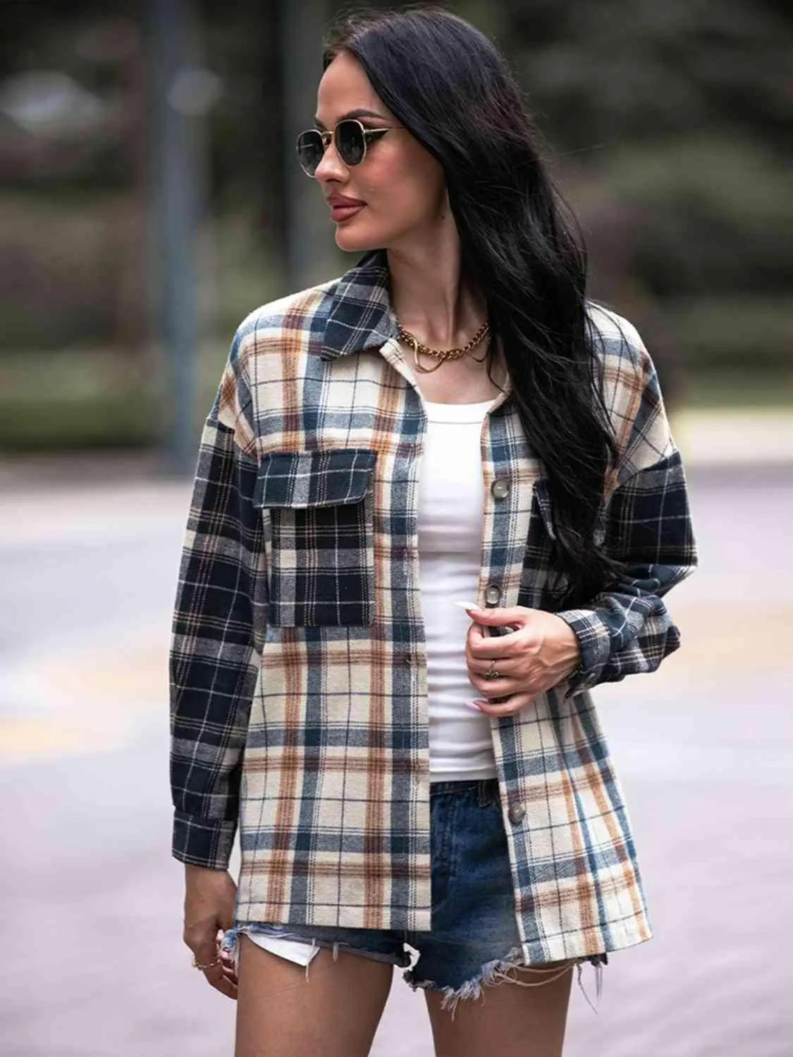 Carefree And Warm Button Front Collared Plaid Shacket