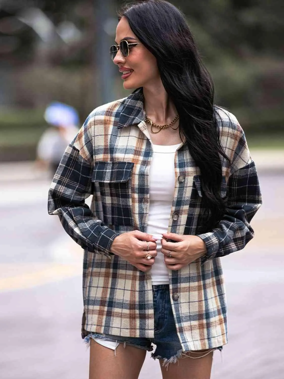 Carefree And Warm Button Front Collared Plaid Shacket