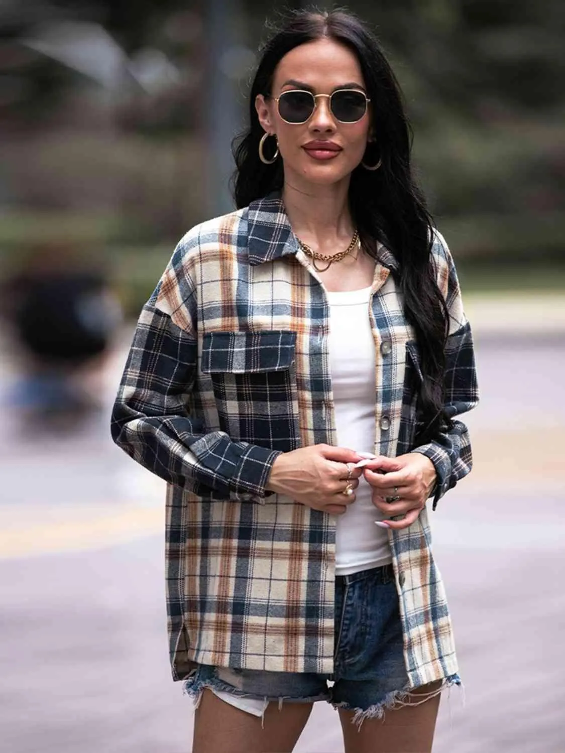 Carefree And Warm Button Front Collared Plaid Shacket