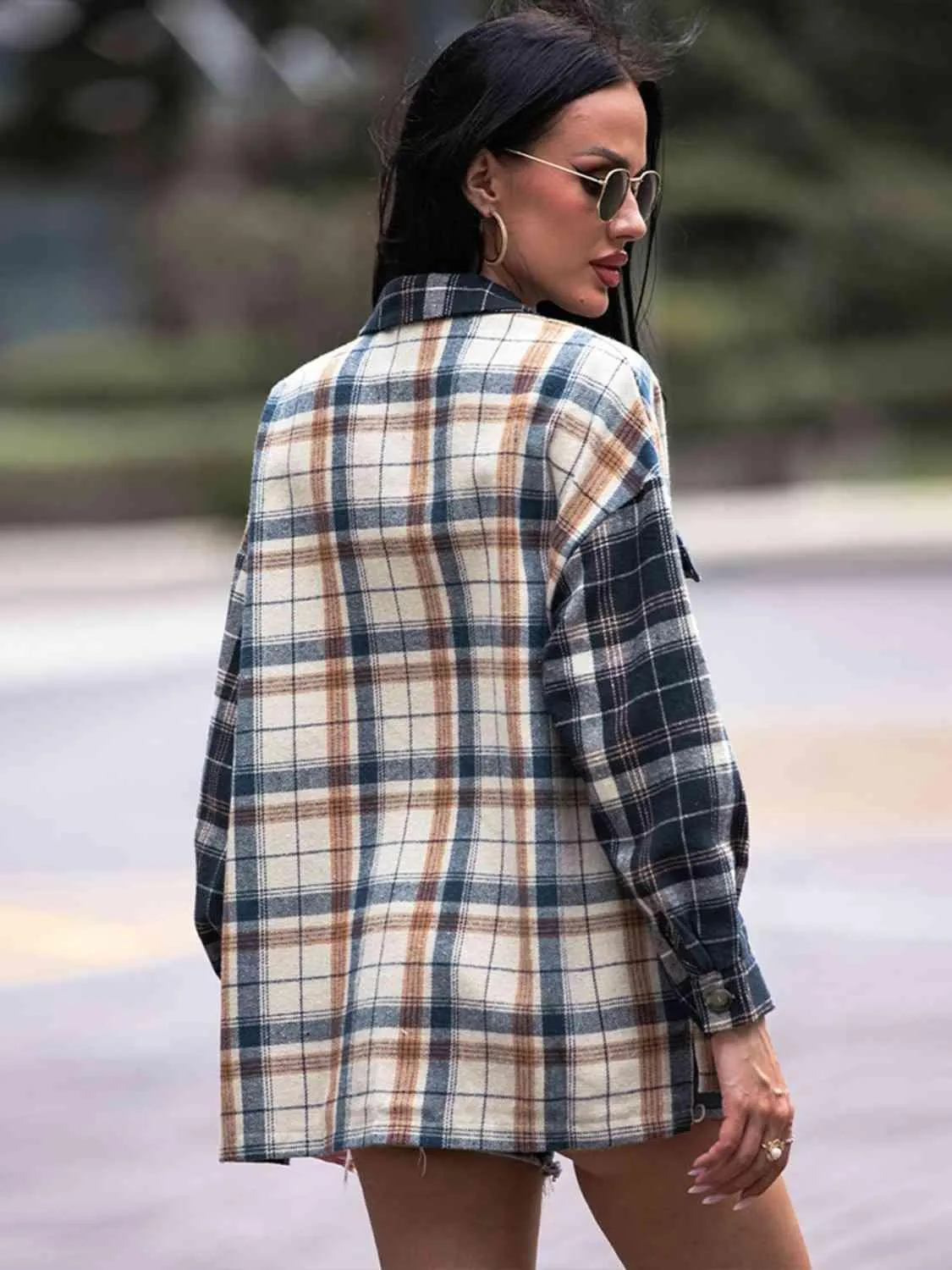 Carefree And Warm Button Front Collared Plaid Shacket