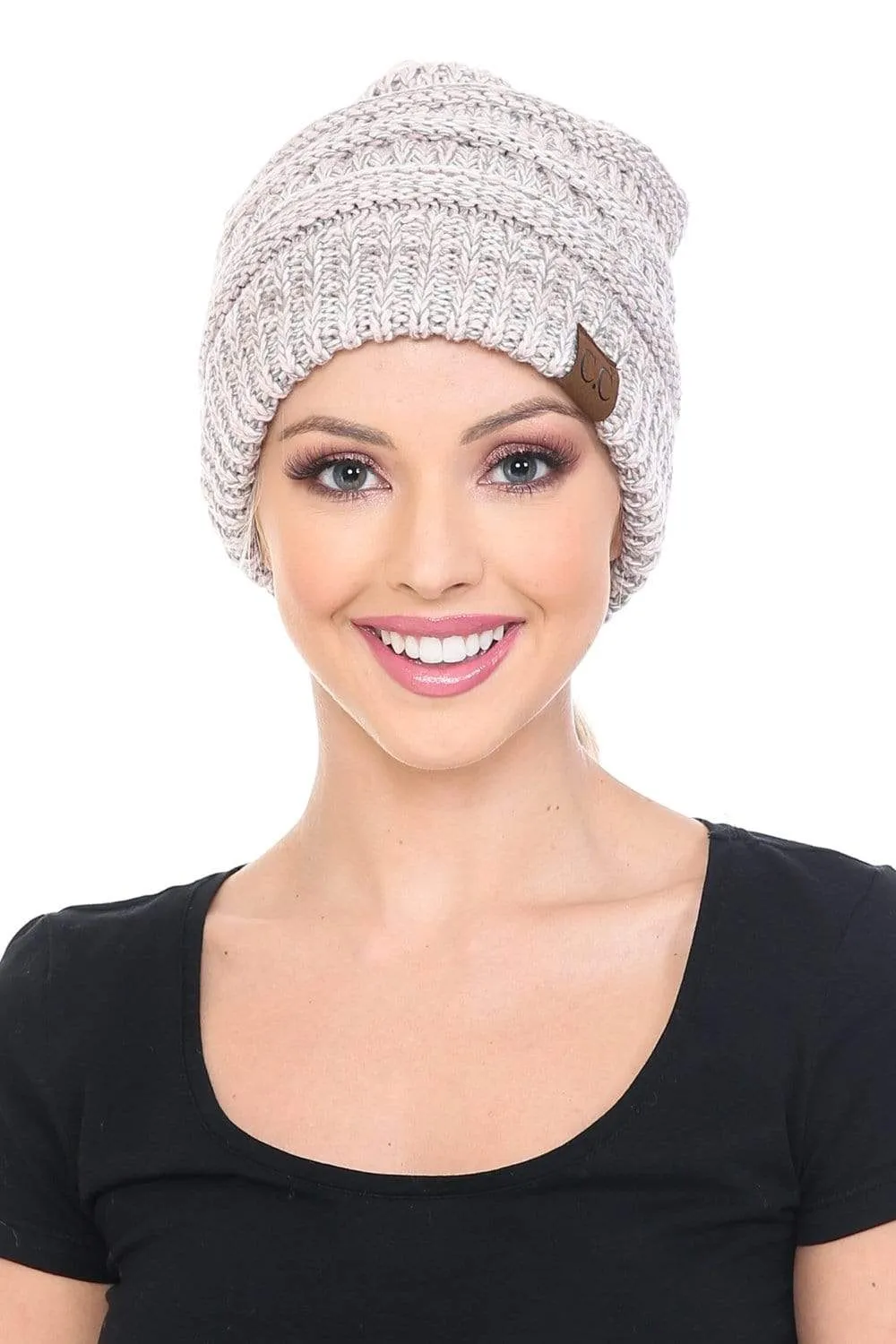 C.C MB6242 - Soft Stretch Cable Knit Warm Ponytail Hat 3 Toned Mixed Multi Color Beanie