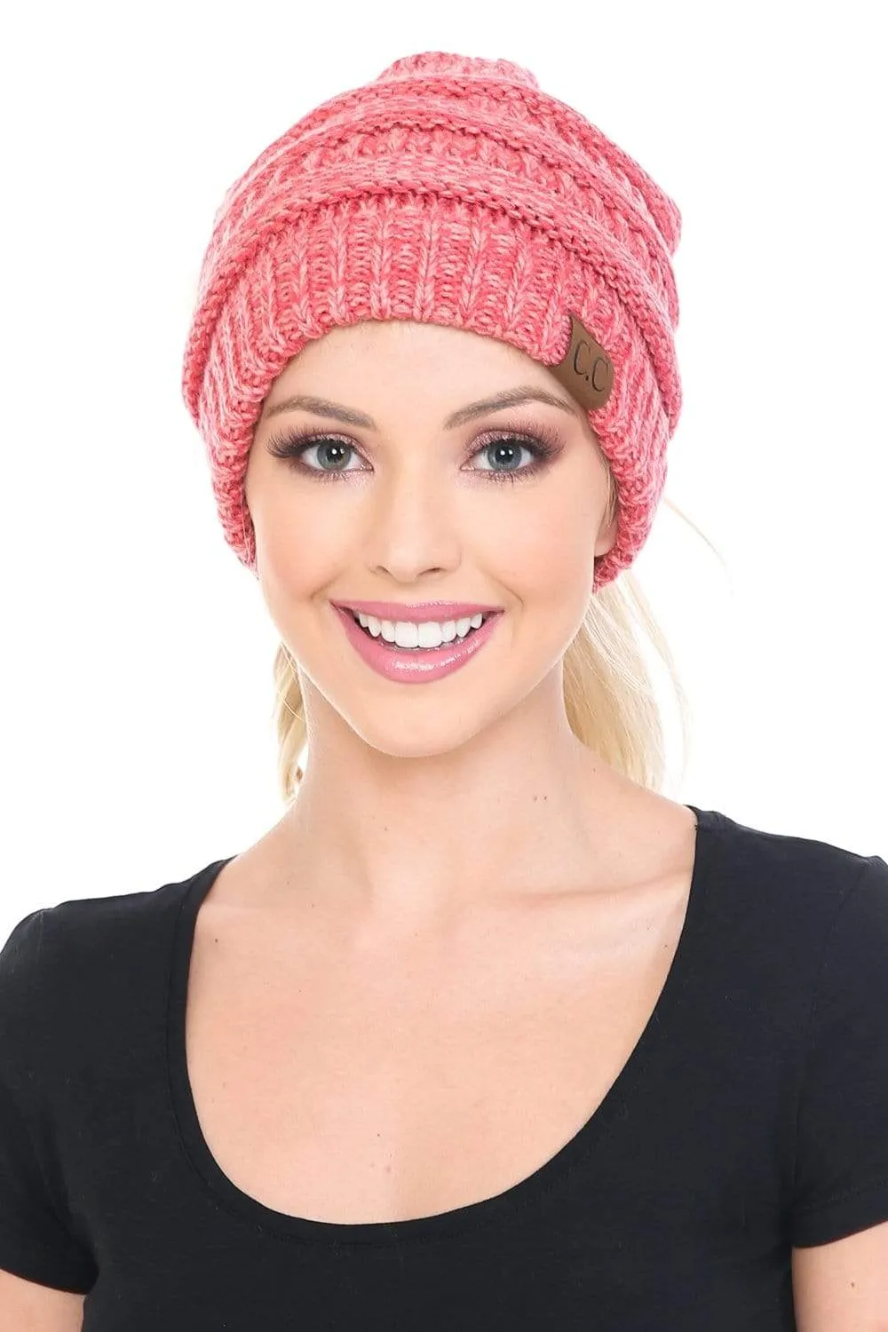 C.C MB6242 - Soft Stretch Cable Knit Warm Ponytail Hat 3 Toned Mixed Multi Color Beanie