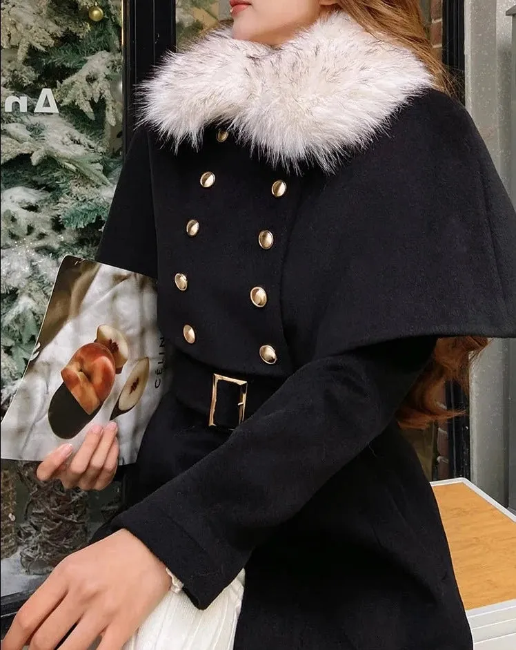 ESTELLE Faux Fur Trim Cloak Flap Trench Coat
