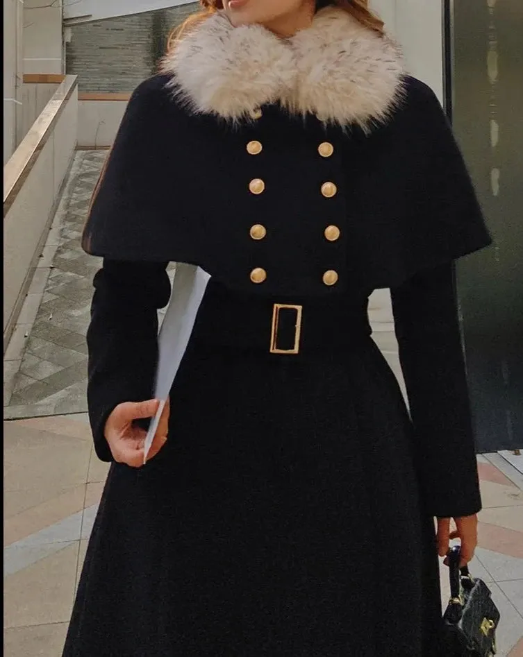 ESTELLE Faux Fur Trim Cloak Flap Trench Coat