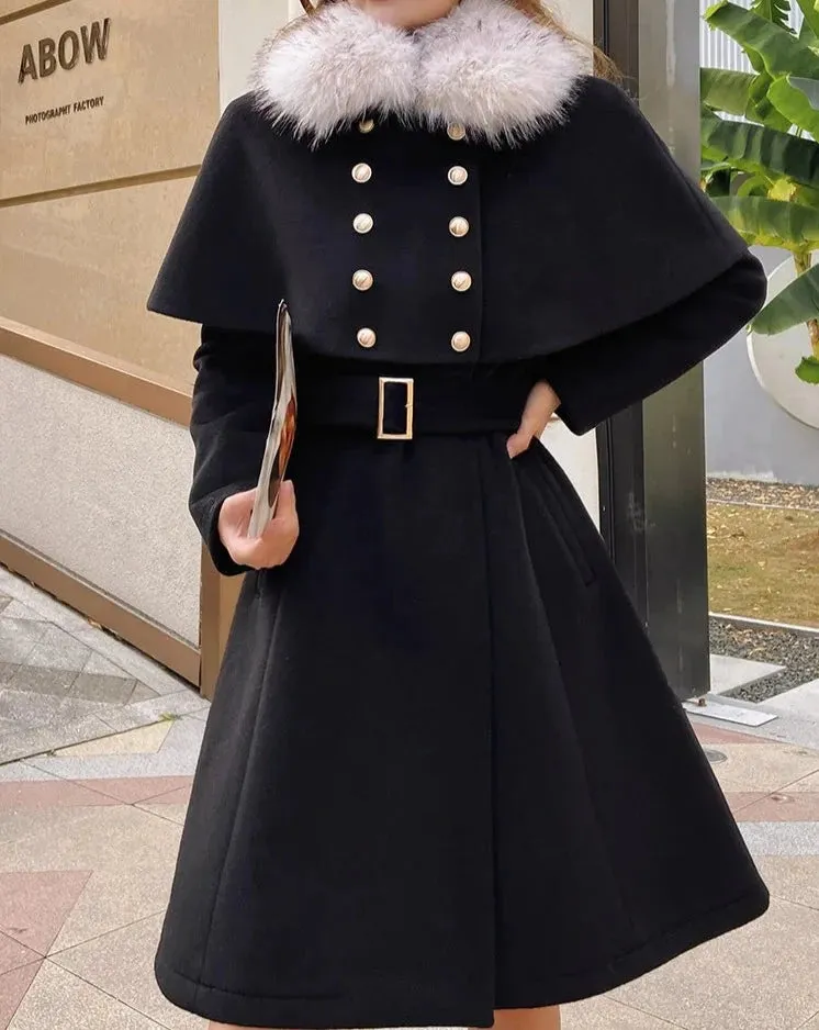 ESTELLE Faux Fur Trim Cloak Flap Trench Coat