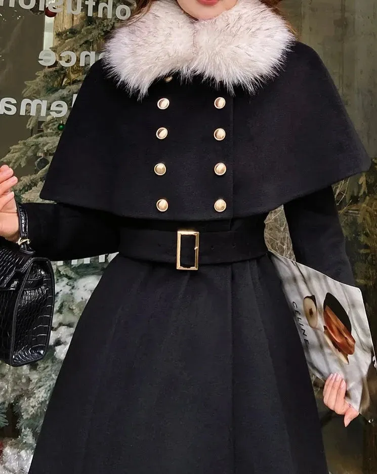 ESTELLE Faux Fur Trim Cloak Flap Trench Coat