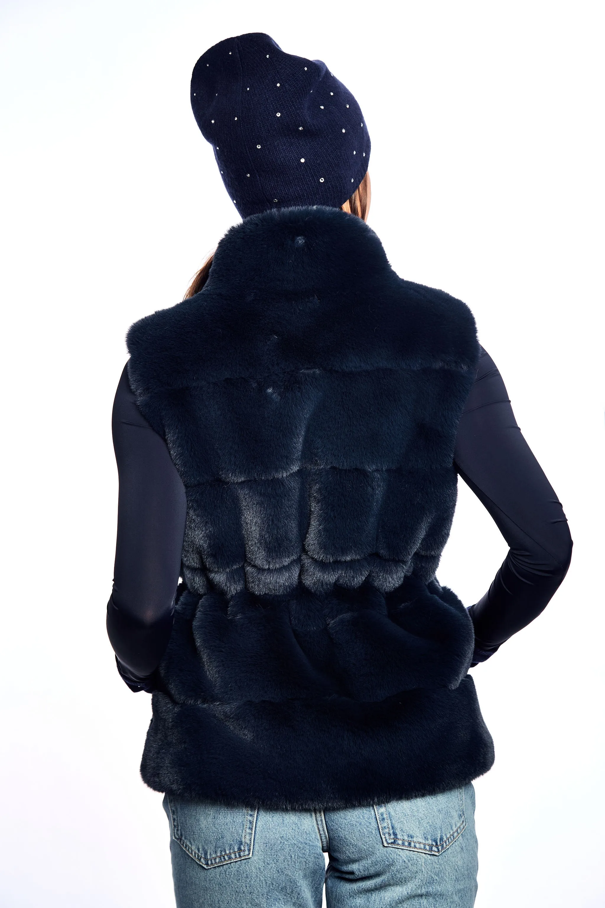 Faux Mink Sleeveless Vest with Drawstrings - Navy