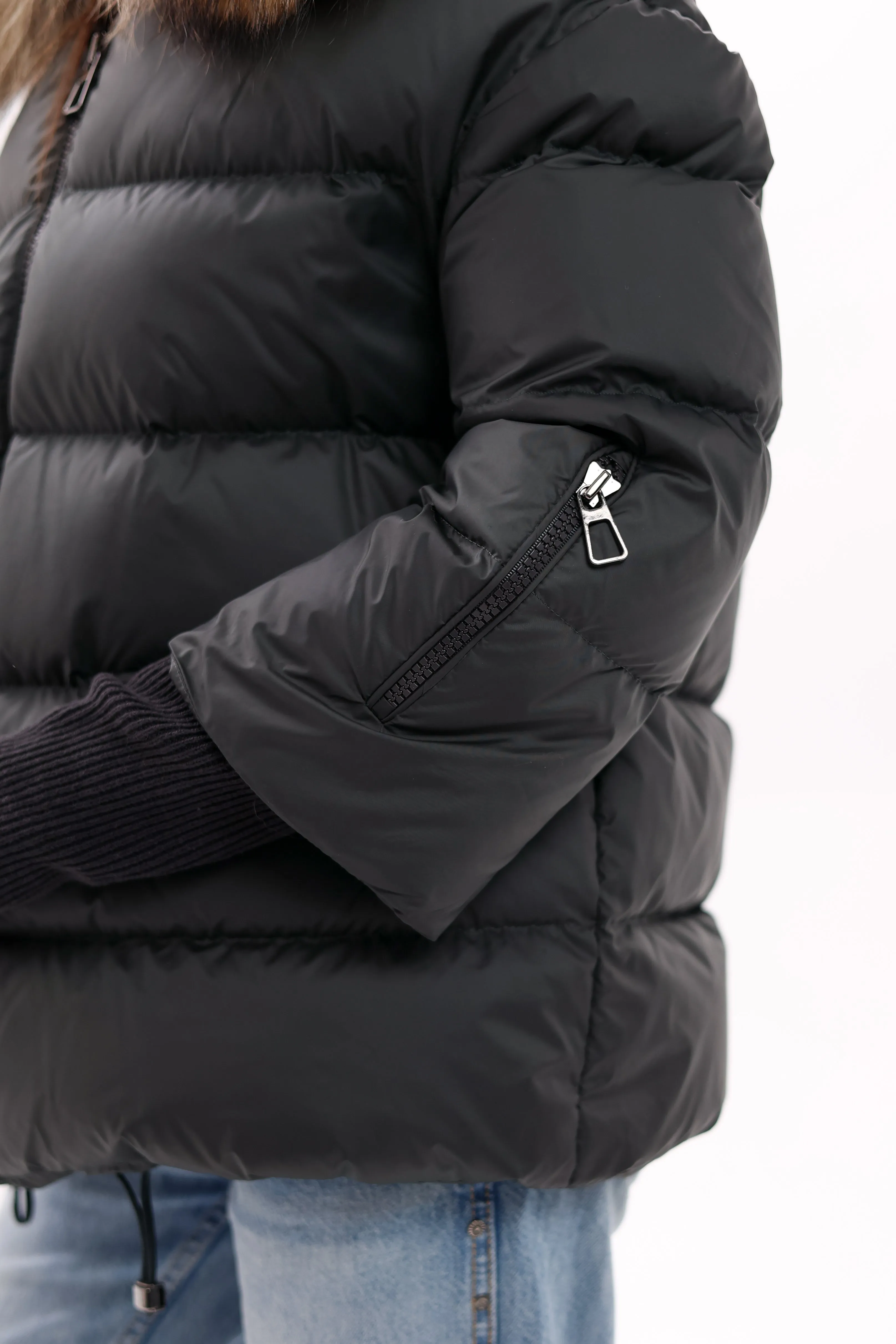 Genuine Fur Trim Down Fill Coat in Black