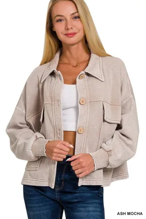 Immerse Yourself Ash Mocha Cropped Acid Wash Shacket (Size L/XL)