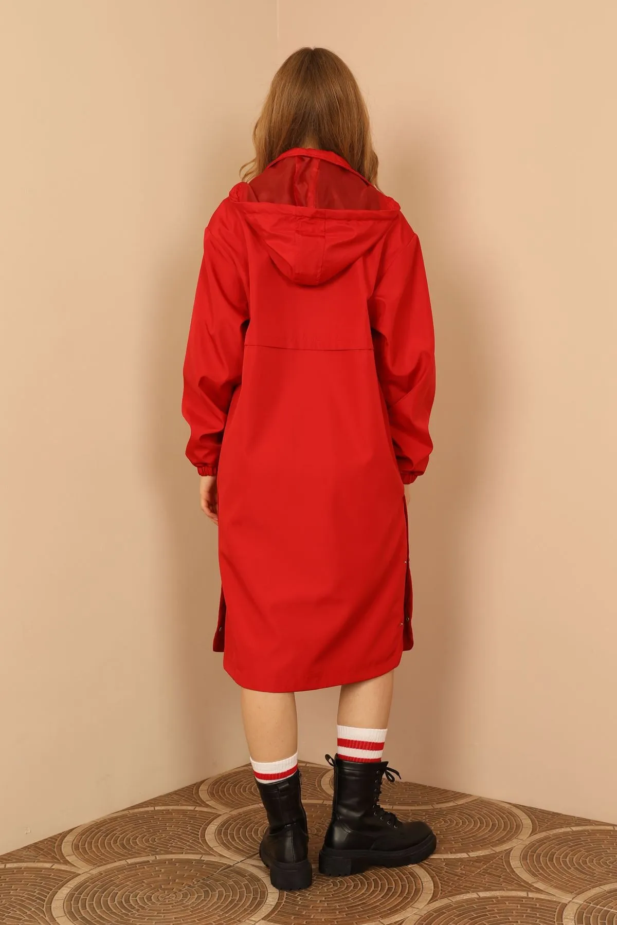 KKT Bondig Fabric Long Hooded Women Raincoat-Red - Paignton