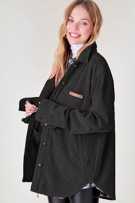 La Miel Madera Collared Neck Long Sleeves Button Up Shacket