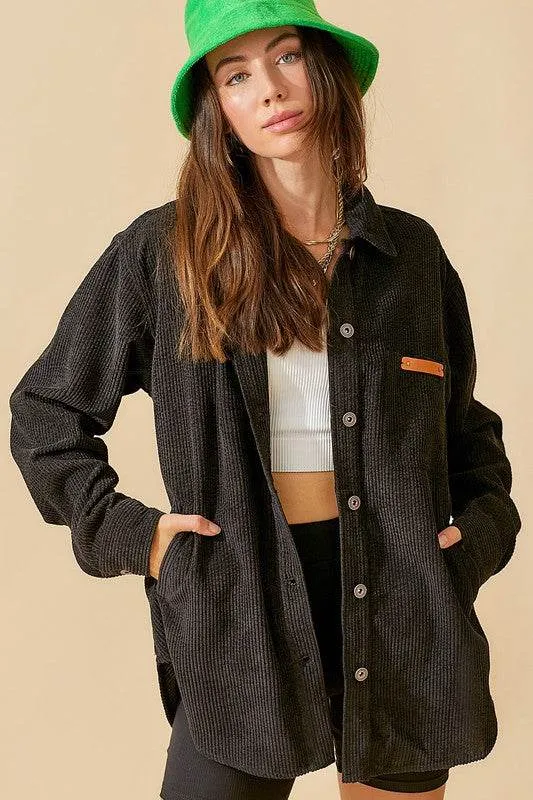 La Miel Madera Collared Neck Long Sleeves Button Up Shacket