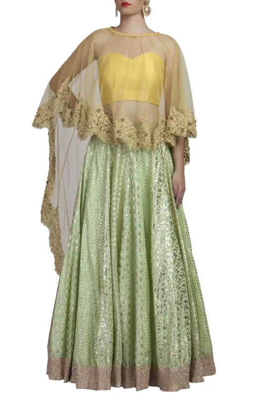 Mint Green Chanderi Lehenga and Cape Set