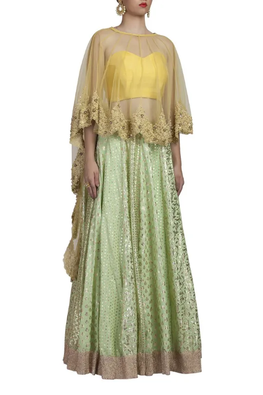 Mint Green Chanderi Lehenga and Cape Set