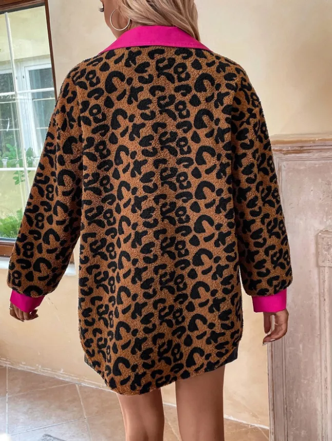 Monogrammed Leopard Contrast Trim Coat