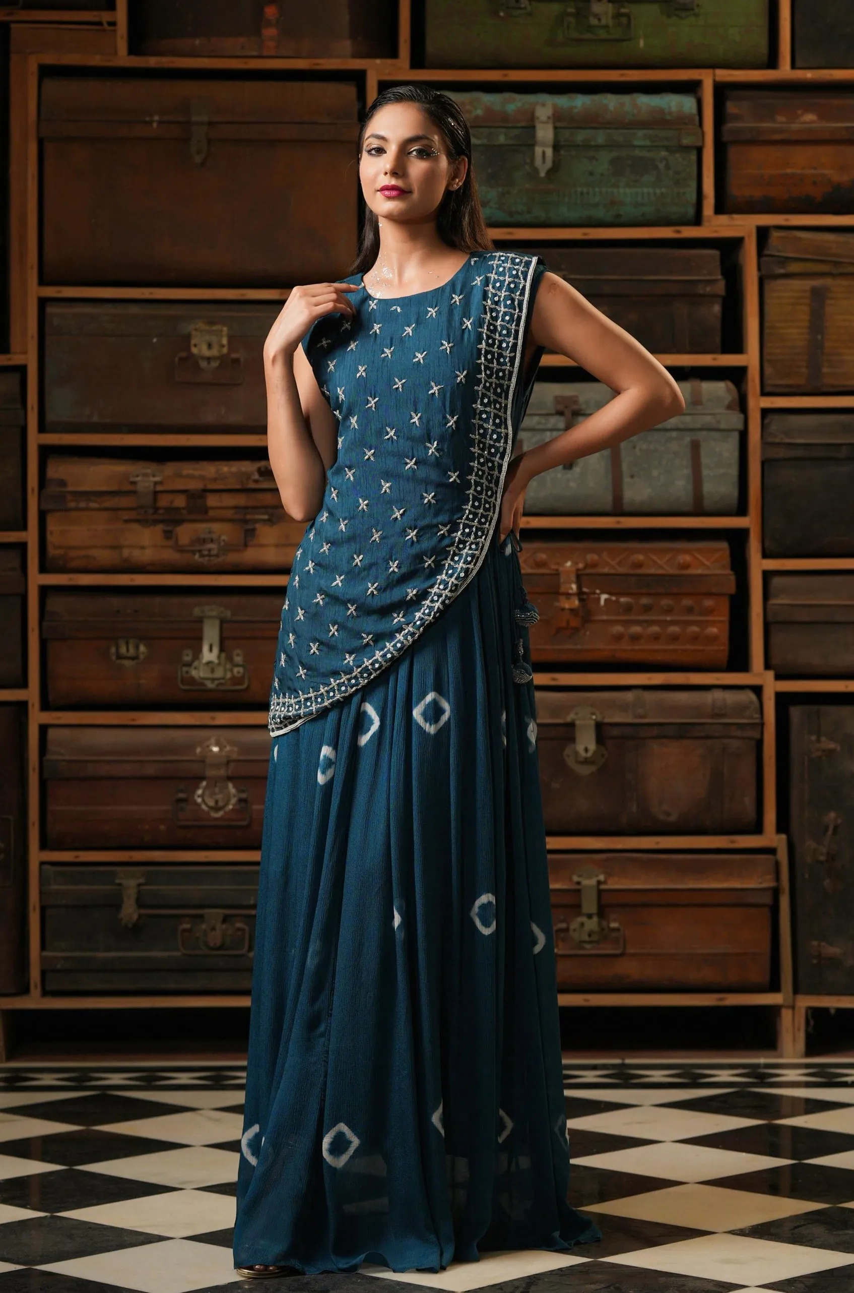 Navy Blue Chinon Silk Shibori Gown With Dola Silk Handworked Cape