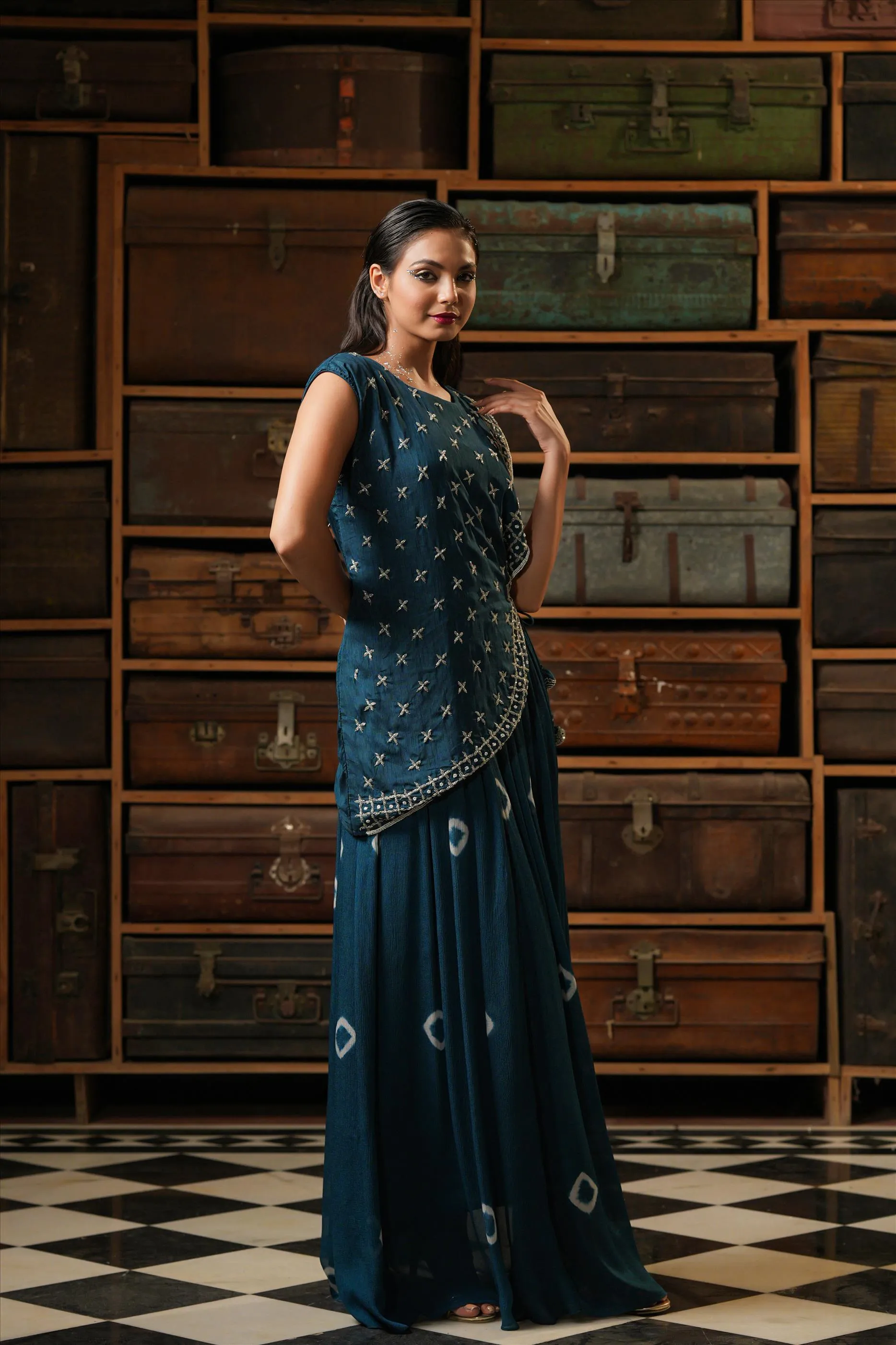 Navy Blue Chinon Silk Shibori Gown With Dola Silk Handworked Cape