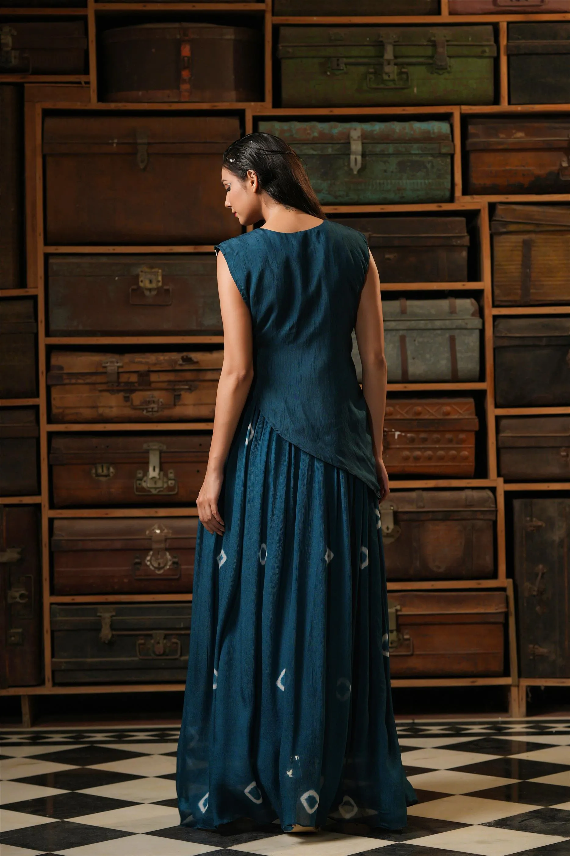Navy Blue Chinon Silk Shibori Gown With Dola Silk Handworked Cape