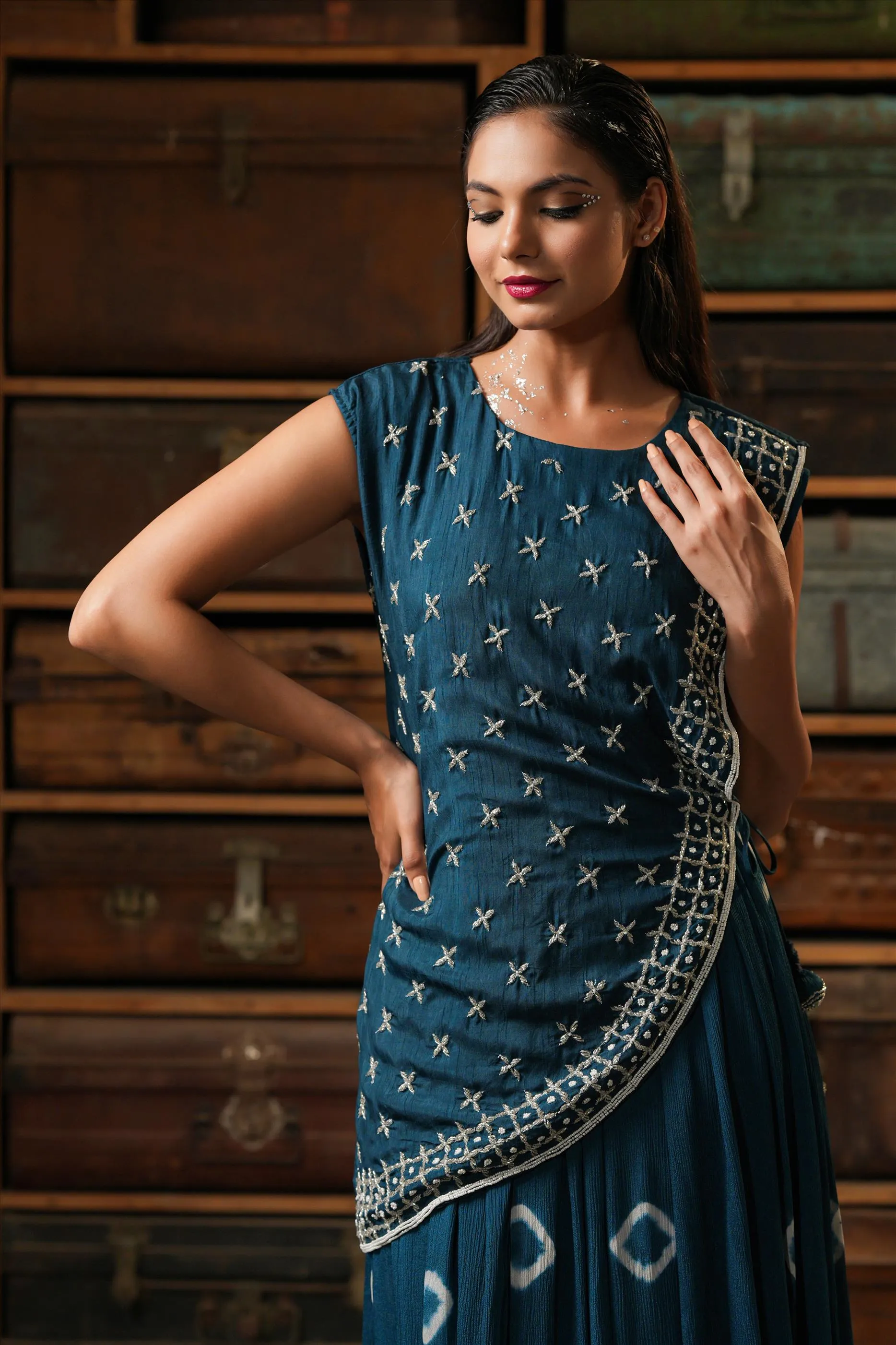 Navy Blue Chinon Silk Shibori Gown With Dola Silk Handworked Cape