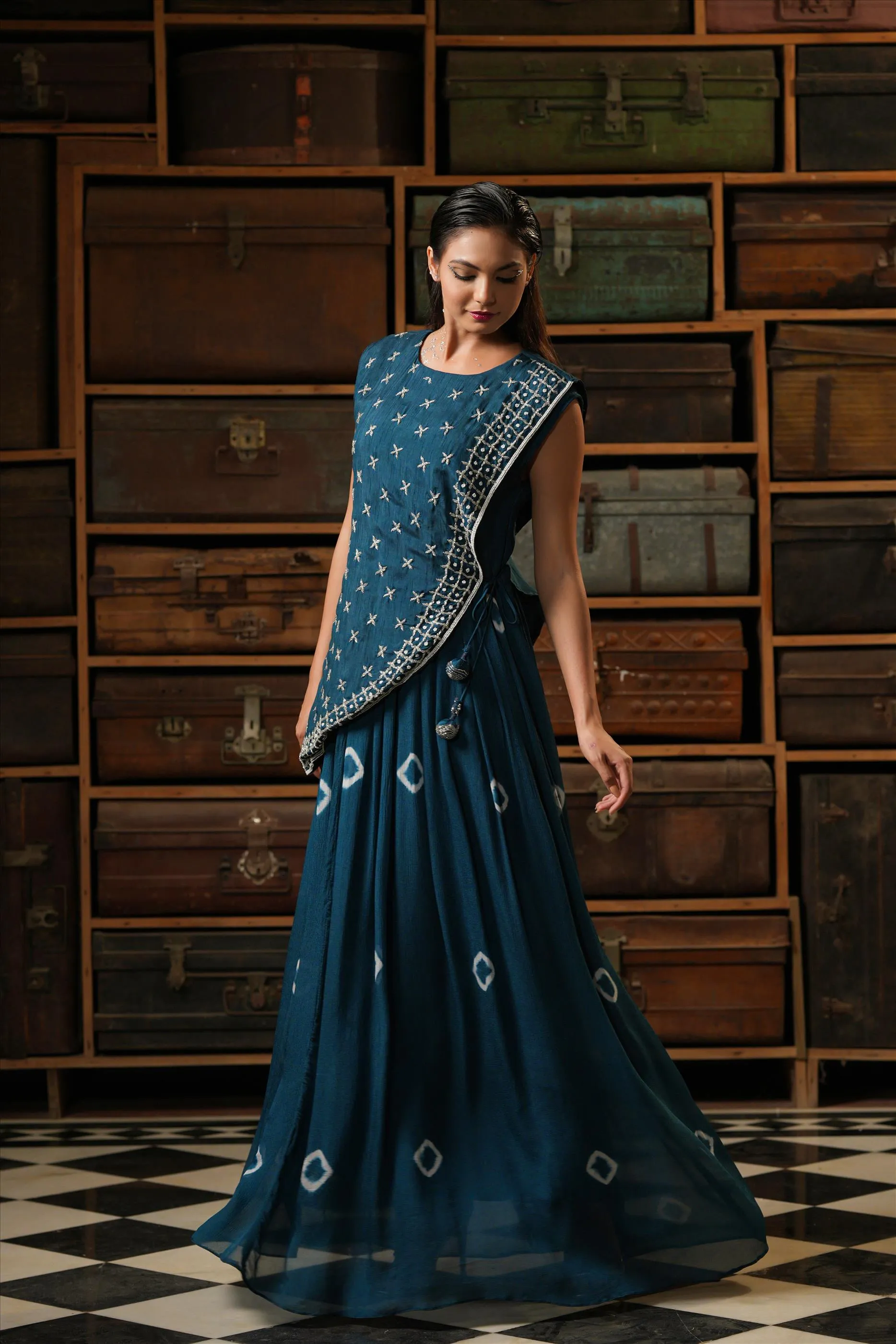 Navy Blue Chinon Silk Shibori Gown With Dola Silk Handworked Cape
