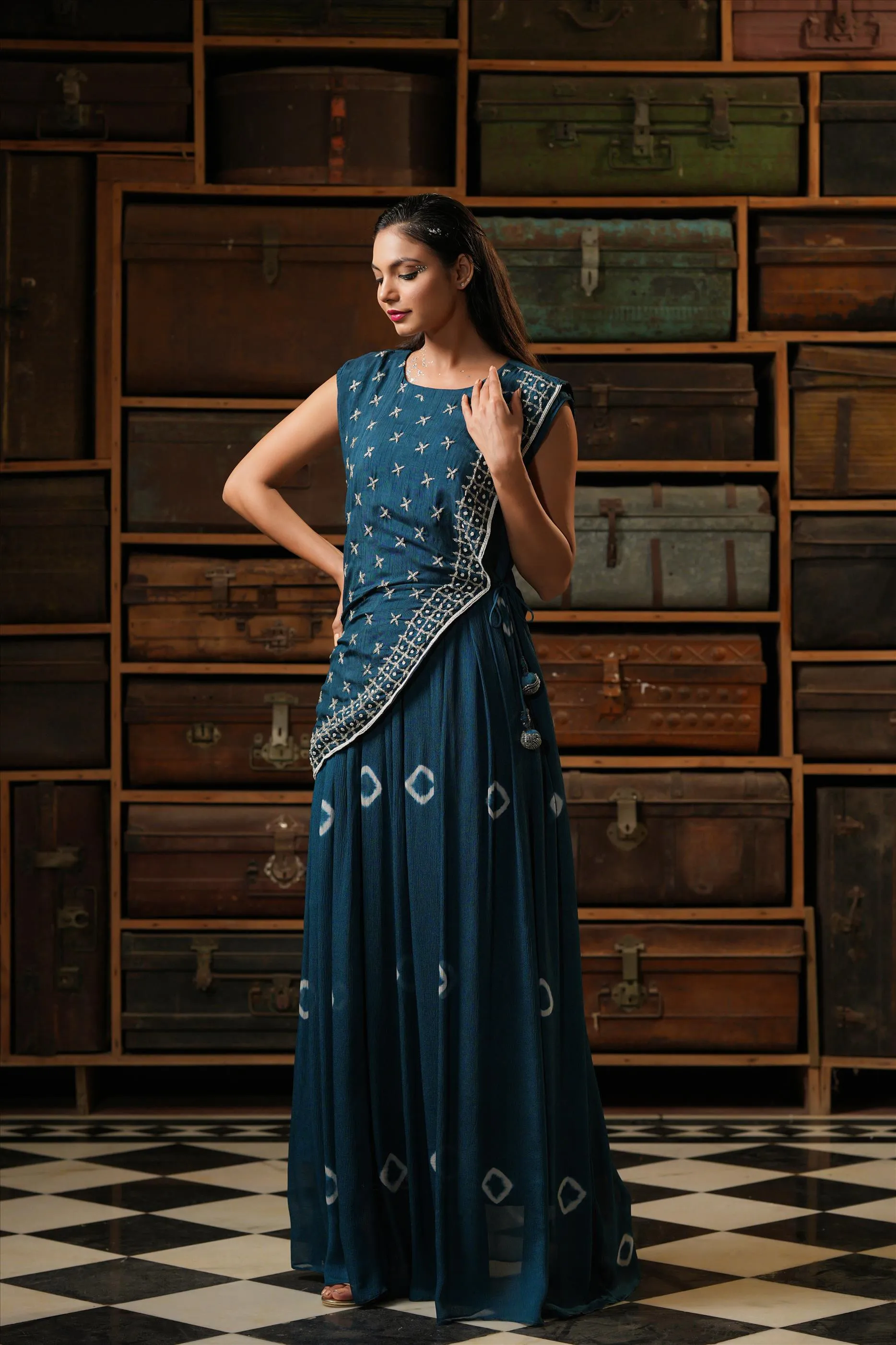 Navy Blue Chinon Silk Shibori Gown With Dola Silk Handworked Cape