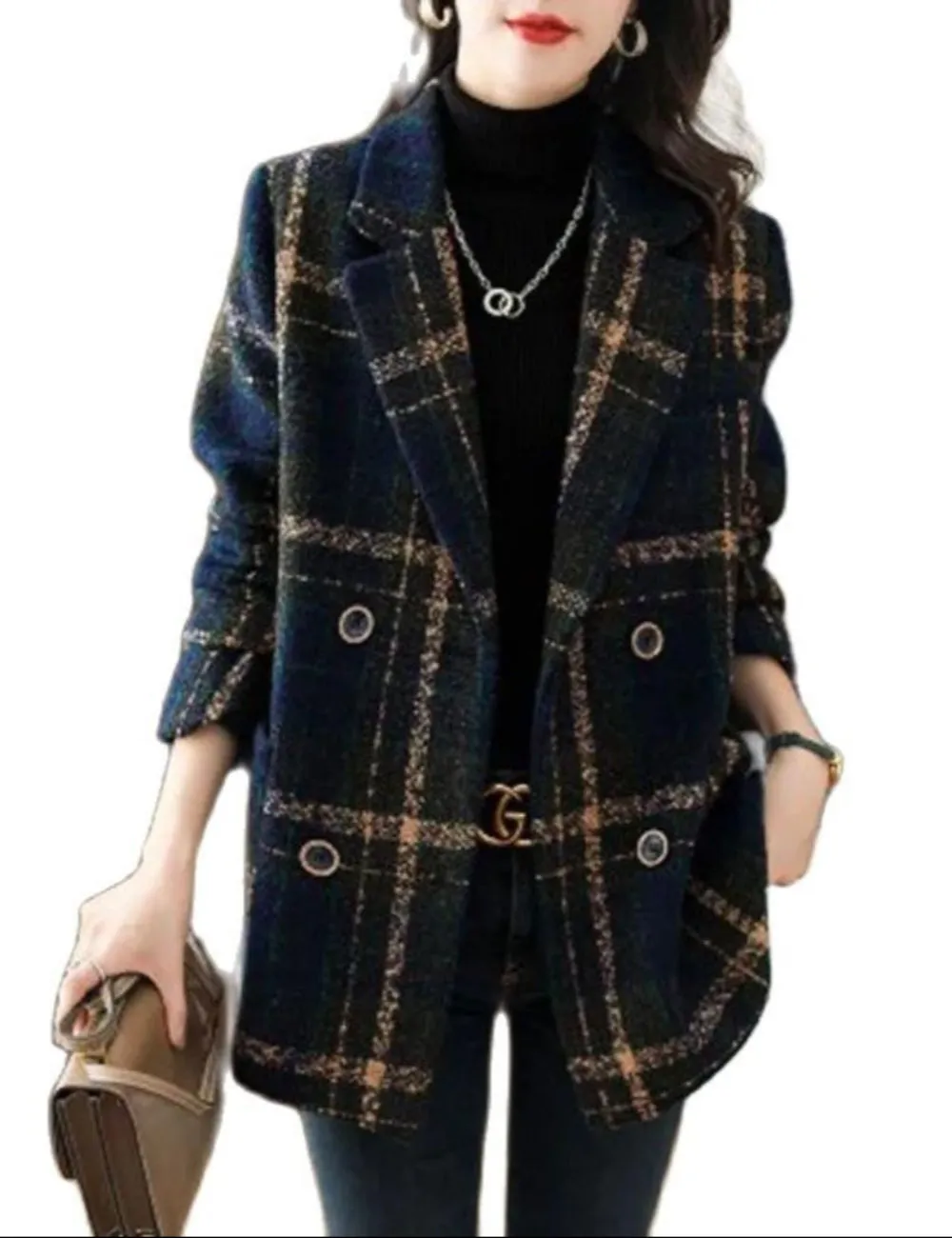 Plaid Slim Double Breasted Woolen Coat