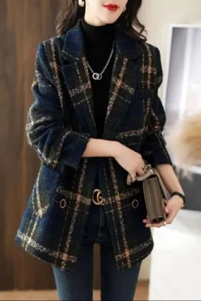 Plaid Slim Double Breasted Woolen Coat