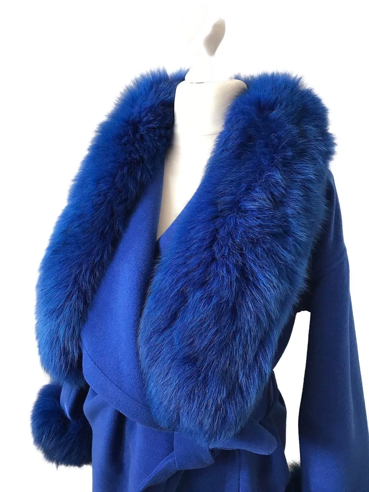 Royal Blue Wrap Elegant Women coat, Long Belted Feminine Overcoat Trim Fox Fur, Cashmere Woolen blend Coat Wrap
