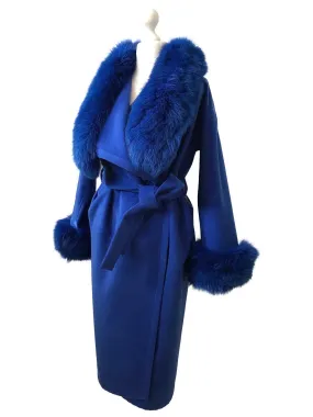 Royal Blue Wrap Elegant Women coat, Long Belted Feminine Overcoat Trim Fox Fur, Cashmere Woolen blend Coat Wrap