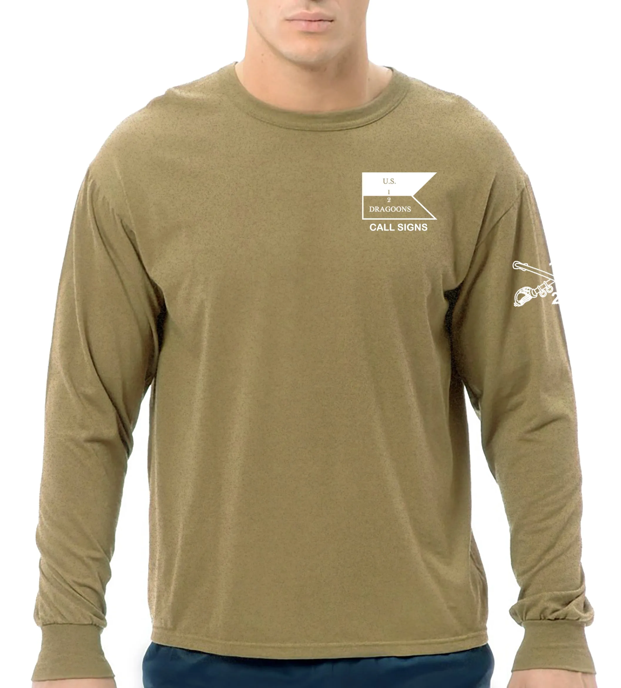 Tan Long Sleeve 50-50 Blend Unisex Shirt (White Design). This shirt IS approved for PT
