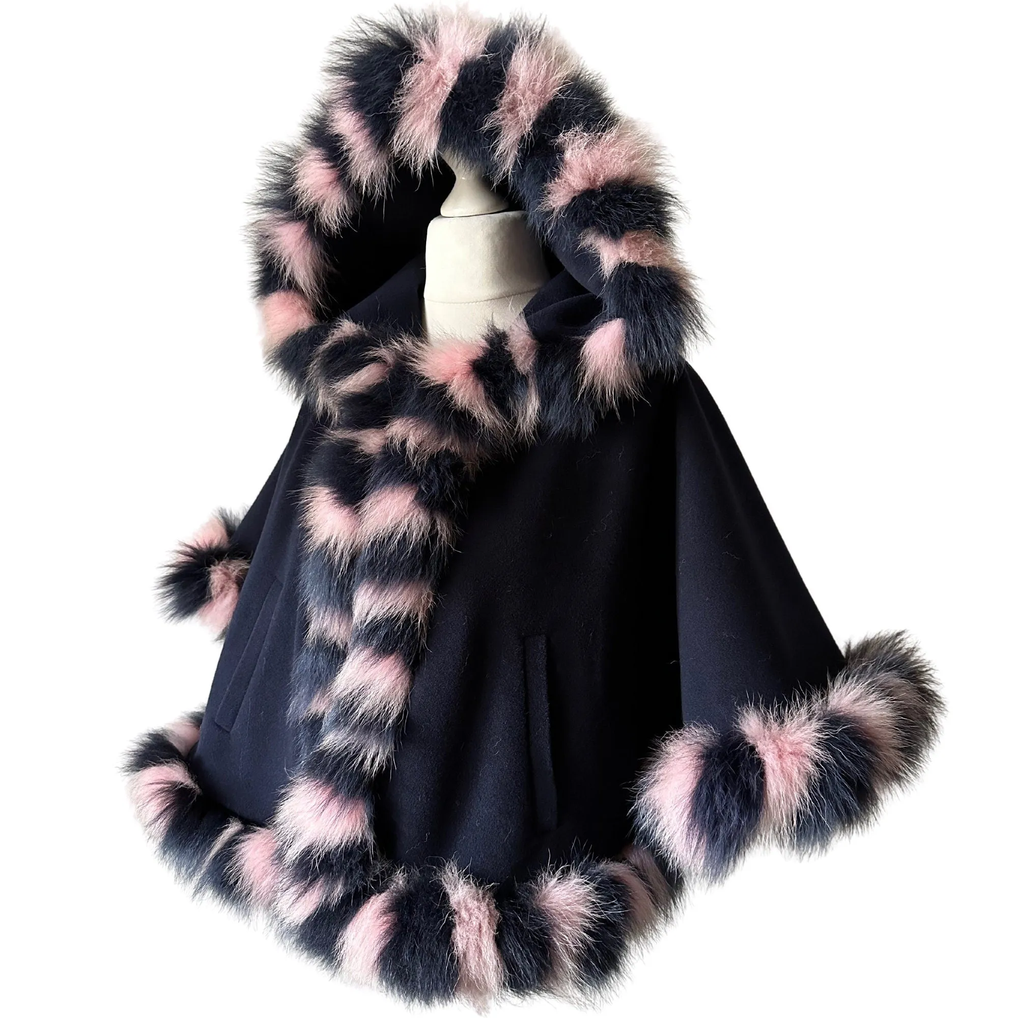 Women Navy Cape short  trim arctic fox fur