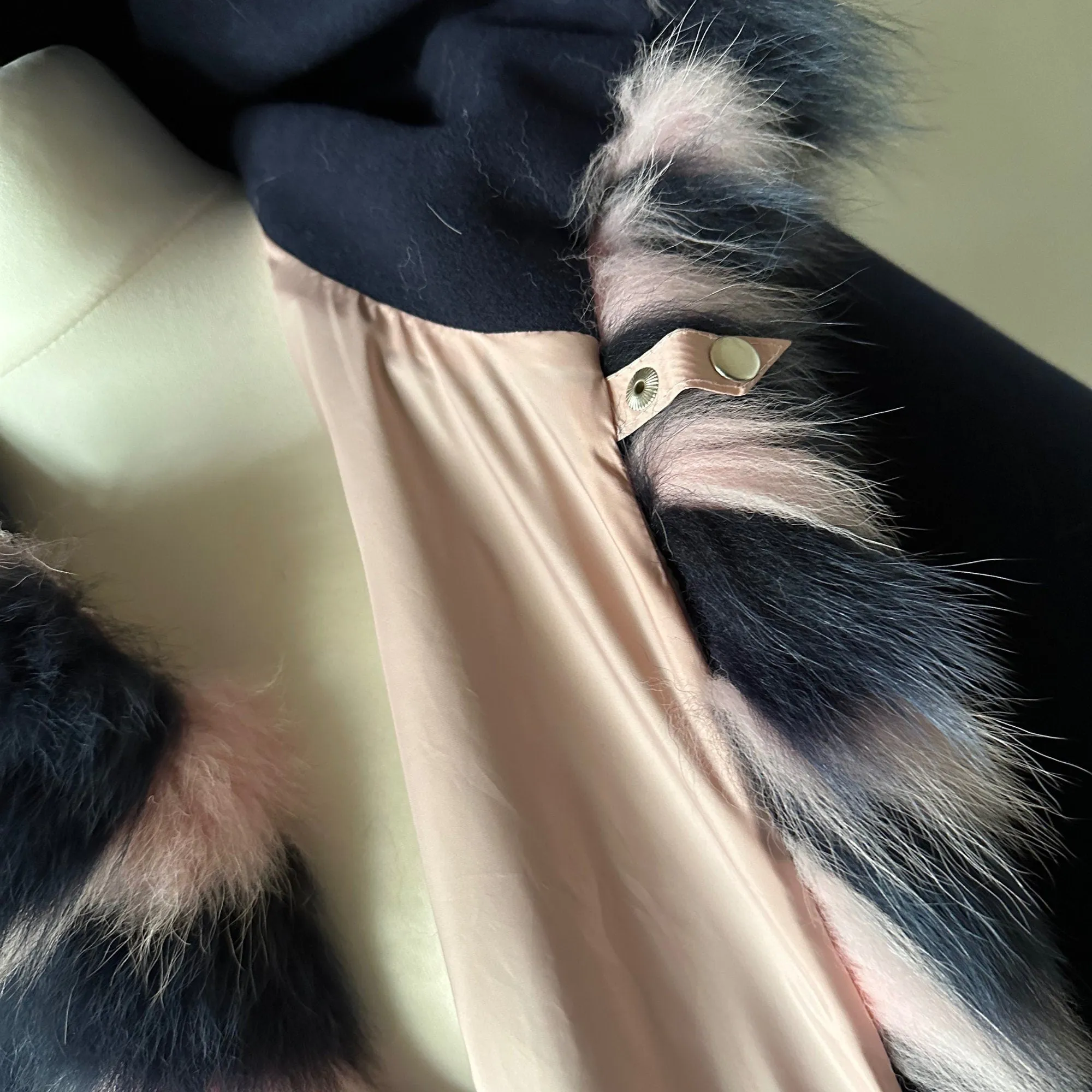Women Navy Cape short  trim arctic fox fur