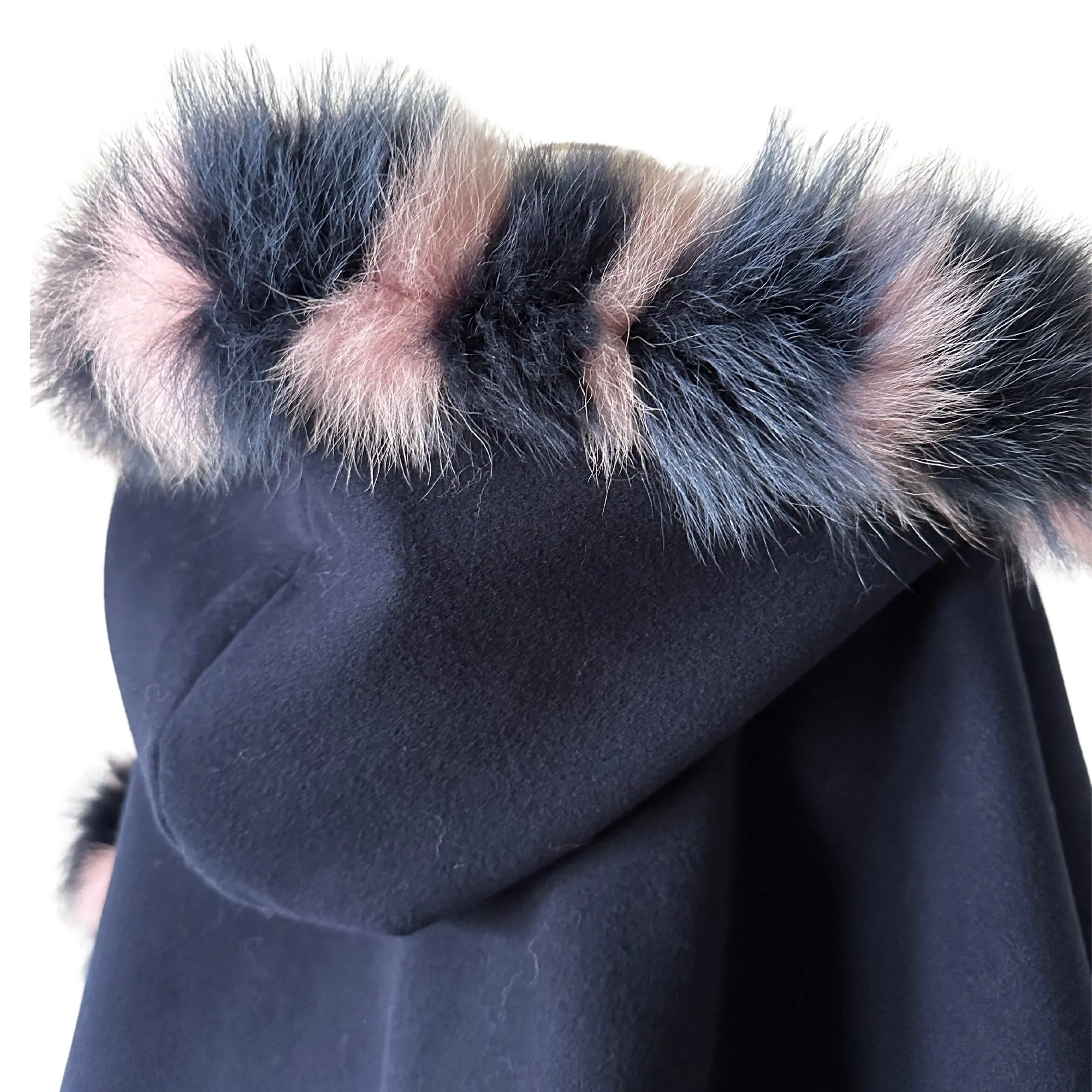 Women Navy Cape short  trim arctic fox fur