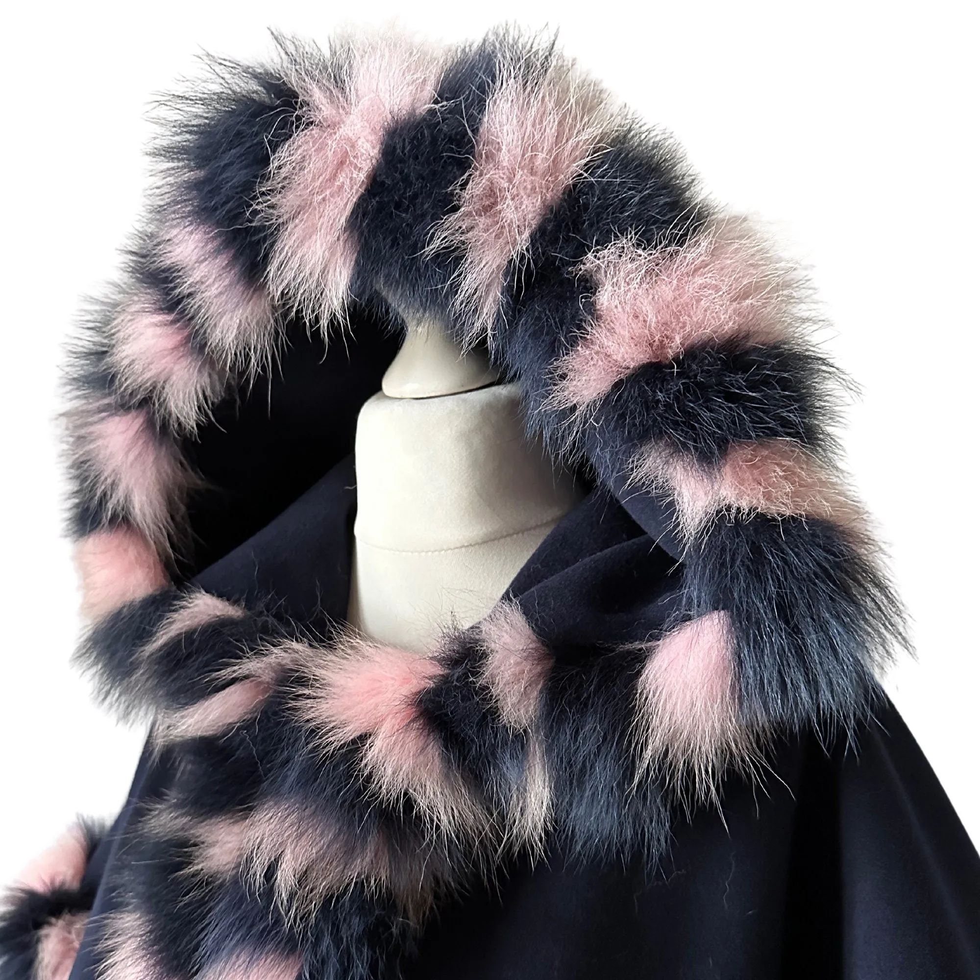 Women Navy Cape short  trim arctic fox fur