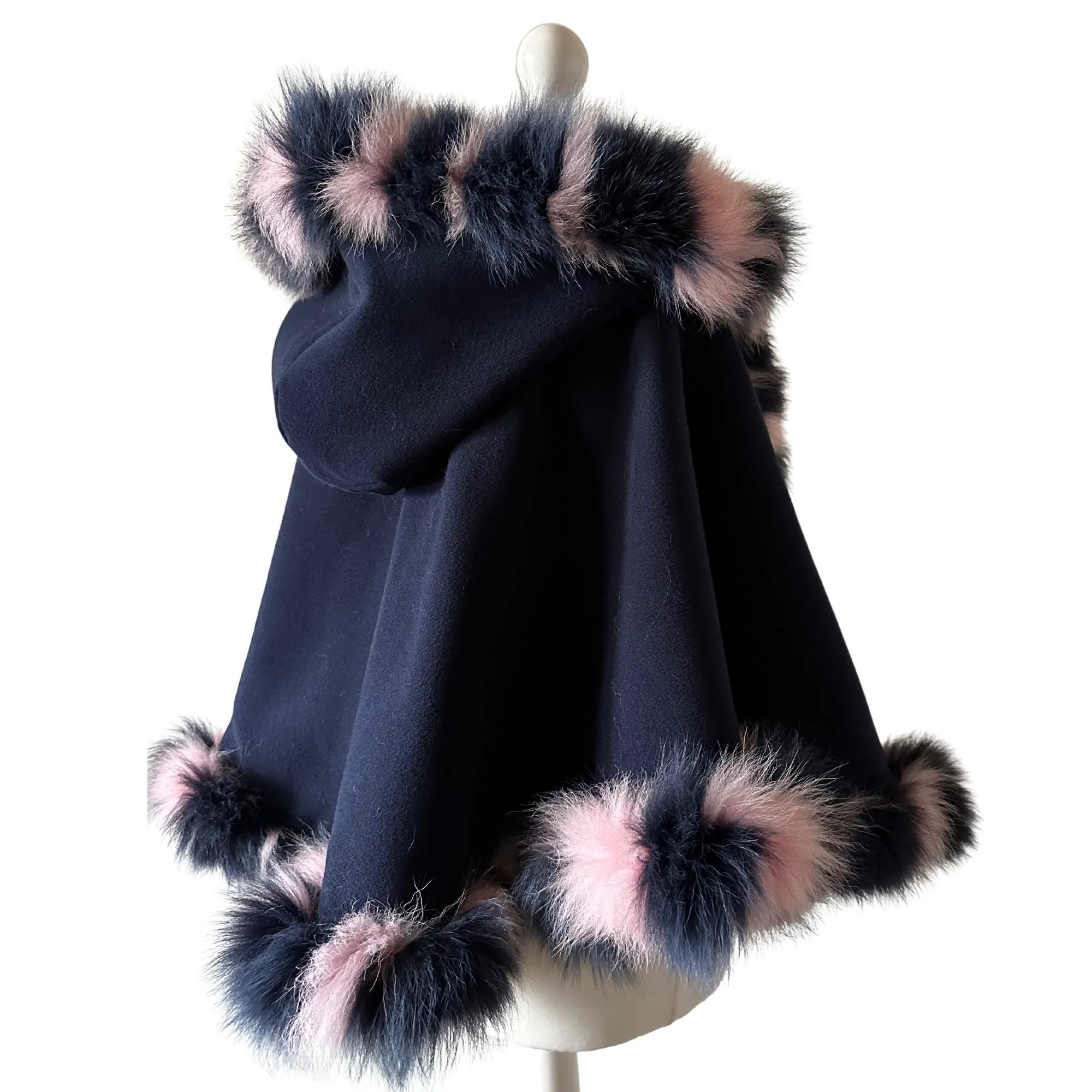 Women Navy Cape short  trim arctic fox fur